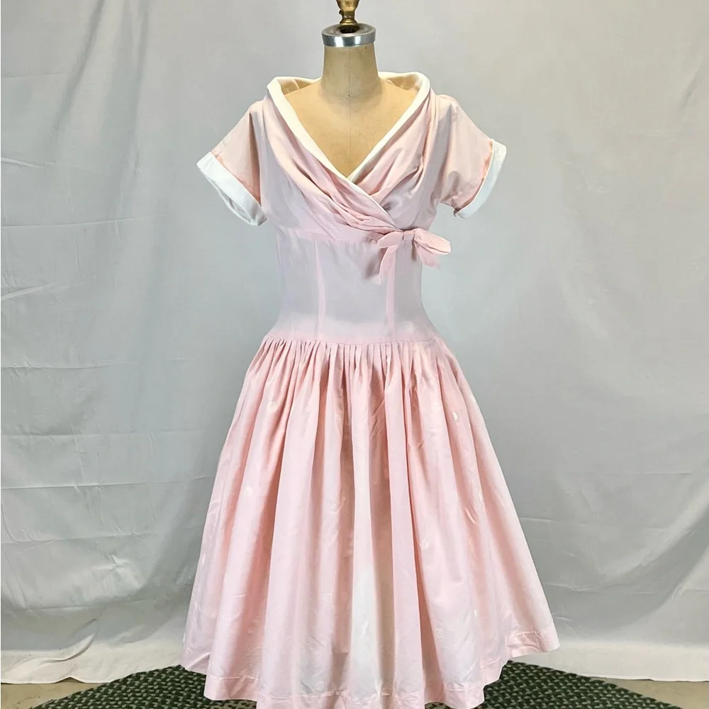 VINTAGE 50s MCM sailor nautical dress fit flare pastel pink midi Tailored Junior - Picture 8 of 14